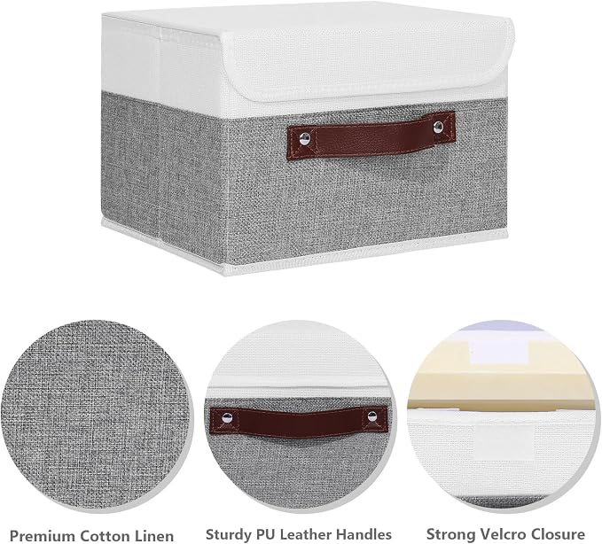 ANMINY Fabric Storage Box Bins with Lids, Gray White, 10"x8"x7" | Keepsake Memory Storage, Cotton Linen, PP Board Reinforced, Washable, PU Handles, Foldable & Stackable, Decorative, Small