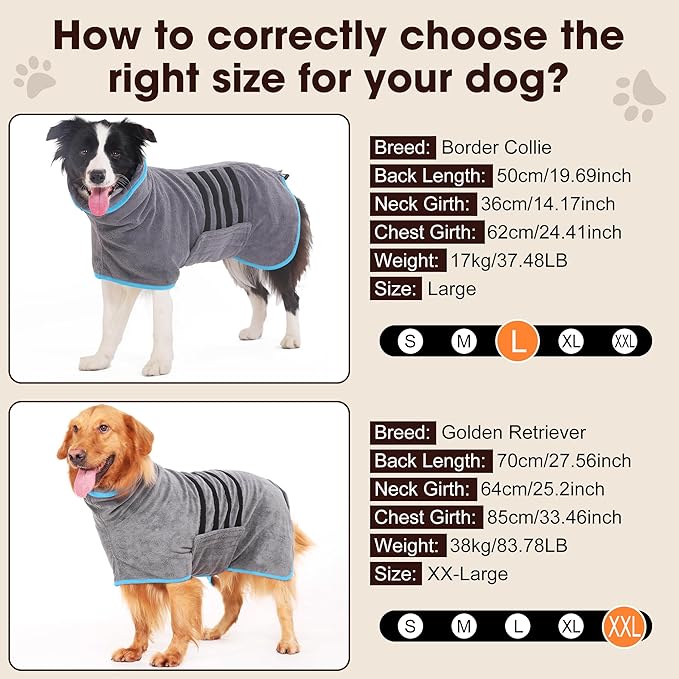 Microfibre Dog Bathrobe Towel Wrap Super Absorbent Dog Drying Coat Bath Robe for Puppy, Medium & Large Dogs, Fast Drying, Adjustable