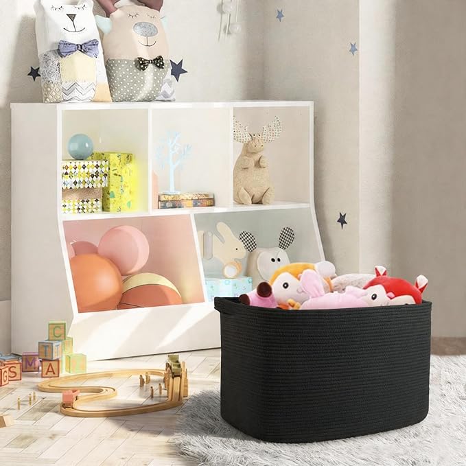 Extra Large Basket for Blankets, 23.6" x 17" x 12" Black Blanket Storage for Living Room, Big Cotton Rope Pillow Holder, Rectangle Kid Dog Toy Bin Box, Woven Laundry Basket, Shoe Bin Entryway