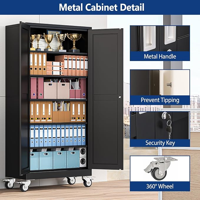 Ckzbx Metal Large Garage Storage Cabinet with Locking Doors and Adjustable Shelves,73.6" H Rolling Tool Storage with Wheels for Garage,Office (Black)