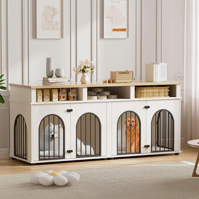 Garvee Double Dog Crate Furniture 71 in Dog Kennel Furniture for 2 Medium Dogs, Heavy Duty Dogs Cage XL Dogs House Indoor with 3 Storage Shelves, Large Puppy Crates with 8 Adjustable Feet