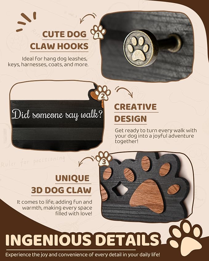 MTERSN Decorative Dog Leash Holder for Wall with Shelf & 6 Hooks, Black | 3D Dog Paw Key Hooks, Unique Back Panel, Key Hanger for Leashes & Keys, Pet Accessories Storage, Gift for Dog Lovers
