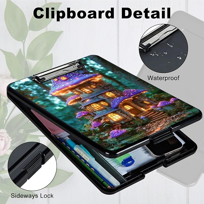 Heavy Duty Storage Clipboard, Slim Nursing Clipboard with Internal Pen Case, Portable File Organizer Case for A4 Letter Size Paper Office Medical Professionals, Purple Mushroom Castle