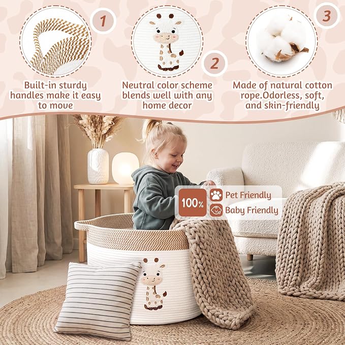 LemonRoad Extra Large Basket 20"x14", Woven Basket for Laundry Blanket Toy Box with Handle Storage, Blanket Storage for Living Room Nursery Pillows Chest(Cotton Rope,Giraffe,Brown White)