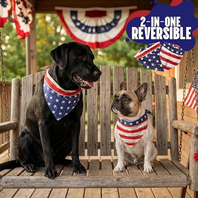 2-in-1 Vintage 4th of July Dog Bandana, Reversible American Flag Print American Flag Triangle Scarf Adjustable Snap Button Patriotic Neckwear for Large Breeds (30-75lbs)