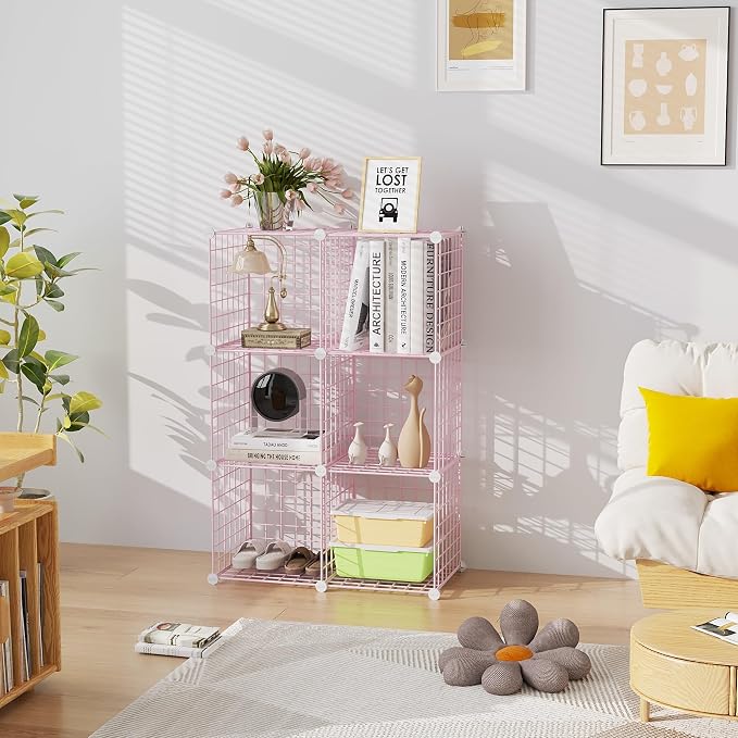 C&AHOME Wire Cube Storage, 6 - Cube Organizer Metal C Grids, Units, Pink | Modular Shelves Units, Closet Organizer, Storage Bins Shelving, Ideal for Home, Office, Living Room
