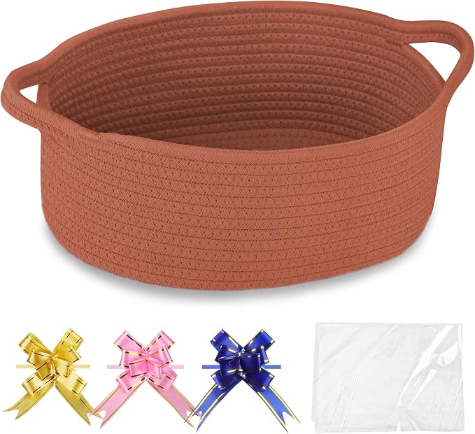 COMSE Empty Small Gift Basket with Bag & Ribbons, Autumn Glaze | Cotton Rope, 12"x 8"x 5", Baby Toy Organizer, Stores Small Items for Bedrooms, Nurseries, Bathrooms, Living Rooms, Offices