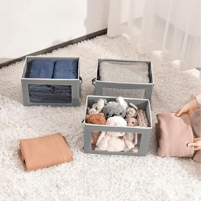 Stackable Storage Bins with Lids - Medium Storage Box with Lids, Foldable Closet Boxes for Organizing, Wardrobe Clothes Organizer with Window, Cubes Bins for Living Room, 5 Pack, Grey