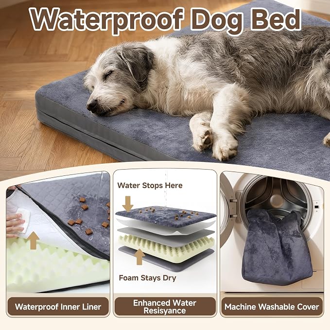 XXL Dog Bed, Waterproof Dog Crate Bed, Extra Large Kennel Pads, 47x29 | Kennel Pet Bed for Large Dogs with Removable Cover, Waterproof, Wipeable, Anti-Slip, Outdoor, Dark Grey