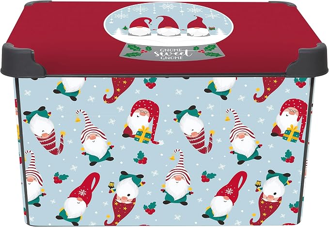 Simplify “Gnome Sweet Gnome" Design Storage Bin | Christmas Tote | Holiday Décor Decorations Organizer | Lidded | Stackable | White