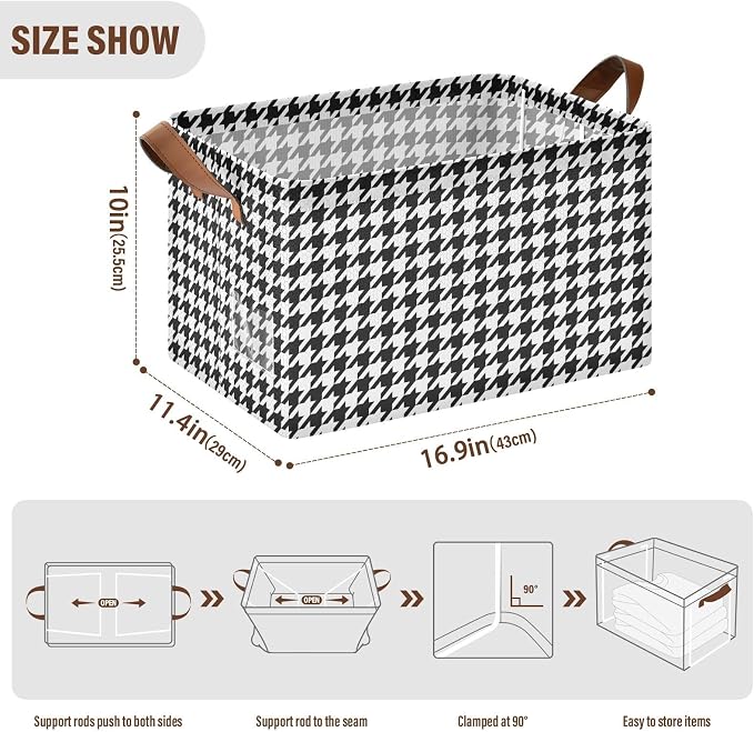 Black and White Houndstooth Classic Storage Basket Foldable Cube Storage Bins with Handles&Labels Waterproof Collapsible Organizer Box Bin Large Rectangle Decorative Baskets for Shelves Home Room