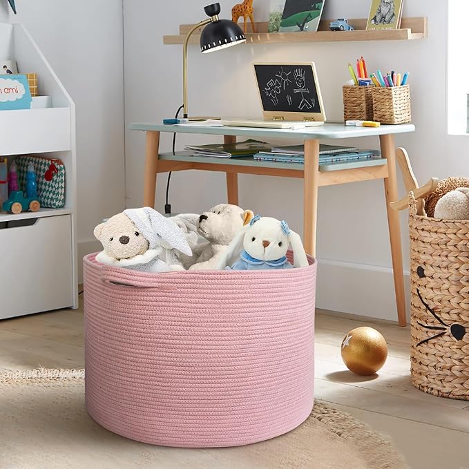 Extra Large Pink Basket, 22"x22"x14" Woven Cotton Rope Bin with Handles, Blanket Storage for Living Room, Baby Kids Toy Storage Bin Box, Wicker Laundry Basket, Pink Room Decor Organizing