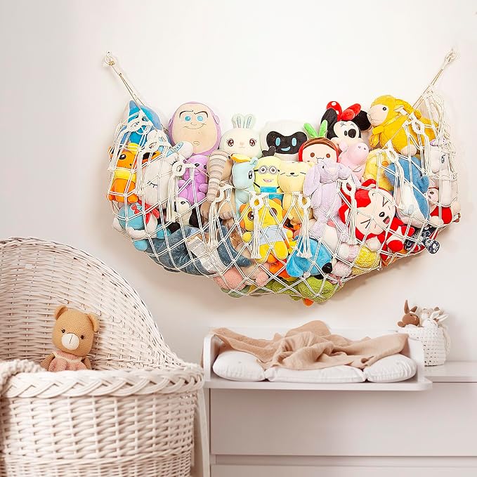 Amdermi Stuffed Animal Hammock Corner Wall, Boho Macrame Plush Toy Net for Stuffed Animal Storage, Hanging Toy Holder for Nursery, Playroom, Kids Room