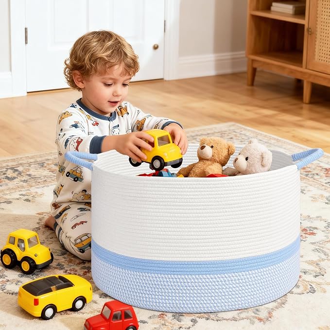 67L Large Blanket Basket, 20"x13" Blanket Basket Living Room, Woven Baskets With Handle, Toy Baskets for Blankets, Nursery, Dog, Pillow, Gift (White & Blue)