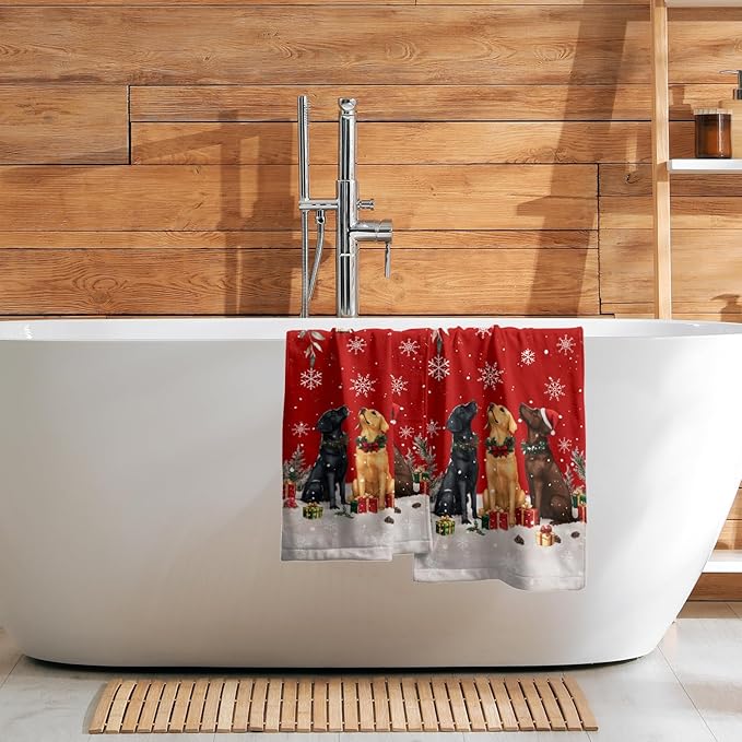 Giwawa Christmas Dog Towel Set of 2, Xmas Snow Pine Cones Funny Puppy Decorative Hand Towels, Winter Snowflake Presents Soft Microfiber Face Towel Washcloth for Bathroom Guest Gym Spa Hotel
