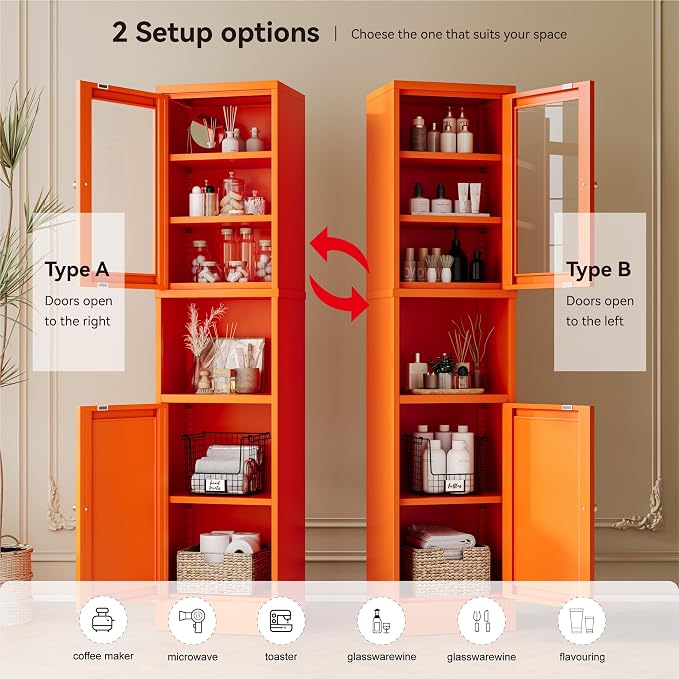 YAUWOH 2-Door Metal Storage Cabinet, Tall Slim Pantry Organizer with 3 Adjustable Shelves (120LBS/Shelf), Anti-Tipping Waterproof Cabinet for Bathroom/Kitchen/Home Office/Small Spaces,(1PC,Orange)