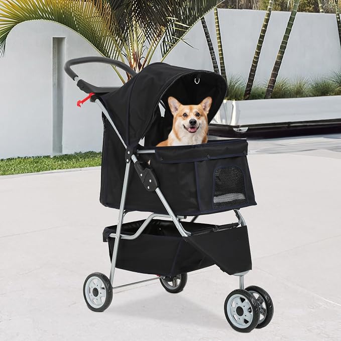 FDW Pet Stroller 3-Wheel Durable Foldable Cat Dog Stroller with Washable Liner Storage Basket Cup Holder,Dark Black