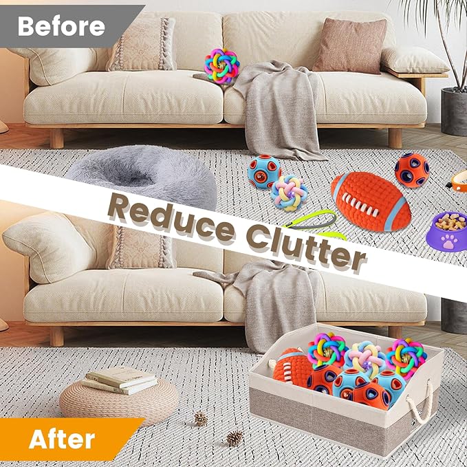Large Dog Toy Basket with Handle, Foldable Dog Toy Box for Living Room Area , 20" Basket for Dog's Supplies, Organizer and Storage with Hard Board, Anti-Slip for Pet Toys (Brown, Medium 20"×15")