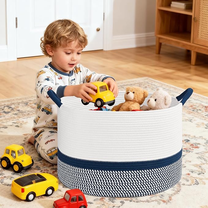 67L Large Blanket Basket, 20"x13" Blanket Basket Living Room, Woven Baskets With Handle, Toy Baskets for Blankets, Nursery, Dog, Pillow, Gift (White & Navy Blue)