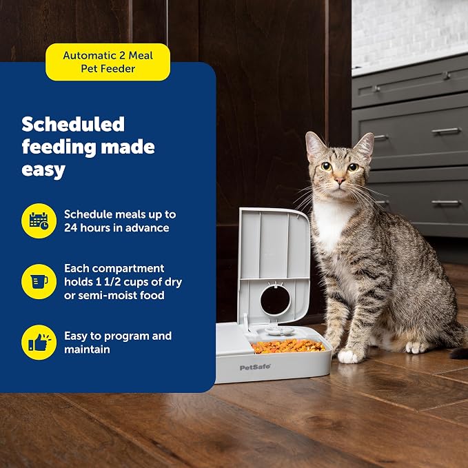 PetSafe Analog 2 Meal Pet Feeder, Dog & Cat, 3 Cup/16 oz, Tamper-Resistant | Slow Feed Portion Control, Dial Timers Schedule 2 Automatic Meals in 30-Min Steps, Each Compartment Holds up to 1.5 Cups