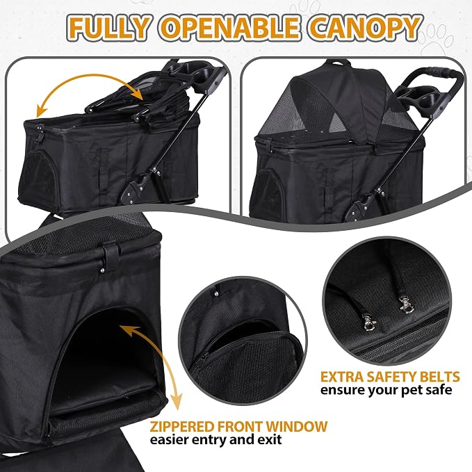 4 Wheels Dog Stroller with Detachable Carrier Folding Pet Strolling Cart for Small Medium Cats Puppies with Storage Basket Cup Holder, Black
