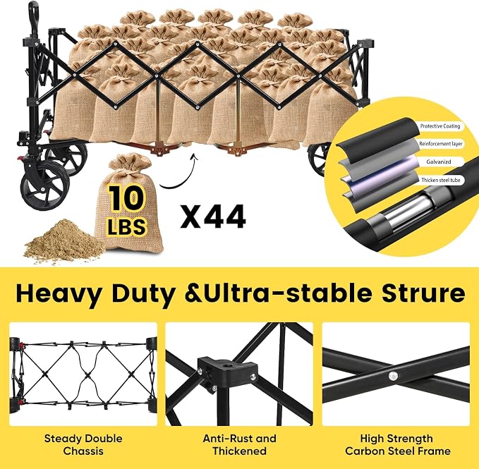 Sekey 48''L Collapsible Foldable Extended Wagon with 660lbs Weight Capacity, Heavy Duty 300L Folding Utility Garden Cart with Big All-Terrain Beach Wheels & Drink Holders. Black