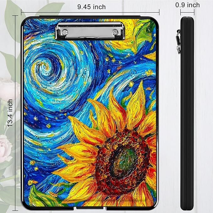 Starry Sunflower A4 Clipboard with Storage Pen Holder, Clipboards Organizer Nursing Clipboard Foldable File Folder Plastic Clipboard Folio Clip Board for Office Students Classroom Doctor