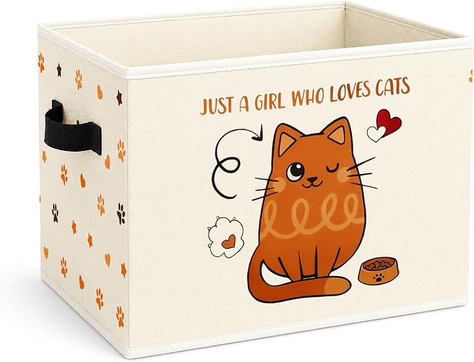 Cat Storage Bin, Foldable Fabric Basket for Girls Room Nursery | Foldable fabric storage bin with cat lover quote design for toys, books, clothes, nursery, bedroom, and playroom use.