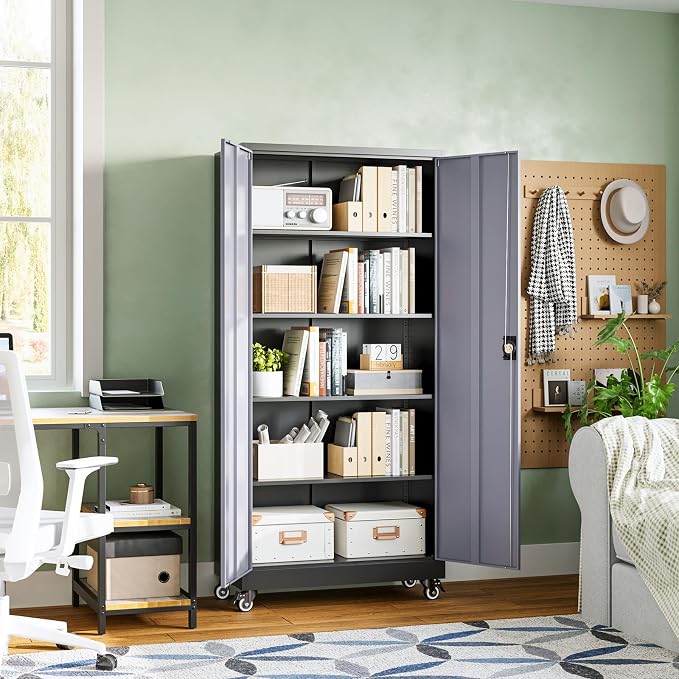 Metal Garage Storage Cabinets with Lock Door and Adjustable Shelves, Steel Tool Cabinets for Home,Office,Warehouse Organisieren (Black Grey, 75" H)