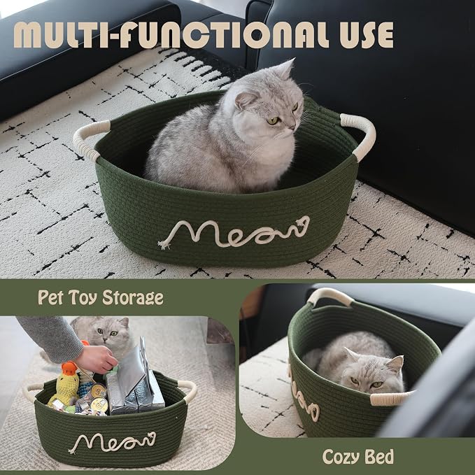 Sea Team Cat Toy Storage Basket with Handles, Green Meow | Large Cotton Rope Storage Bin, Shelf Basket, Organizer for Pet Chew Toys, Foods, 16.5 x 11 x 7 Inches, 4.4 Gallons