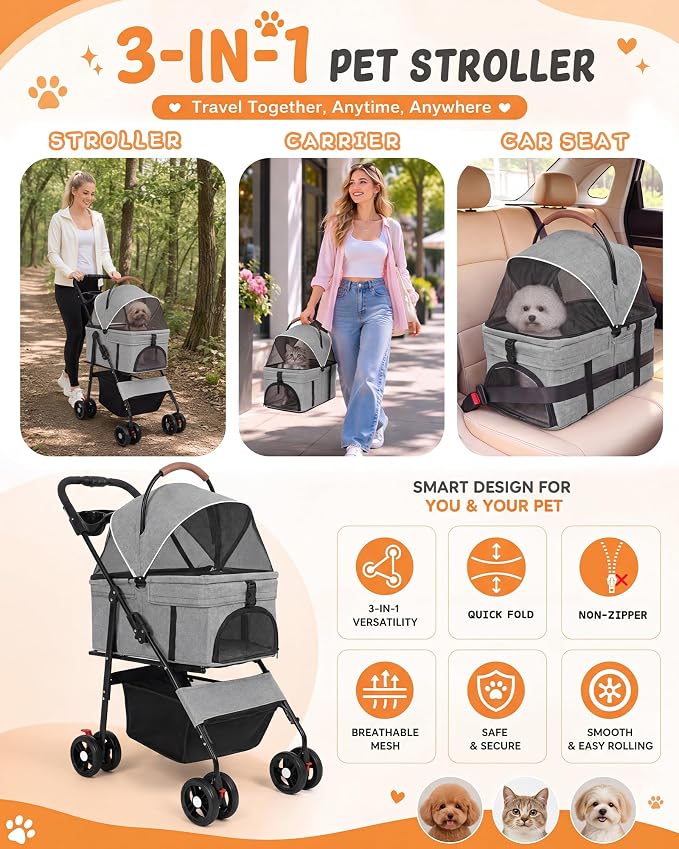 Pet Stroller, 3 in1 Foldable Dog Cat Stroller with Detachable Carrier-Gray | 35lbs Lightweight Foldable Dog Stroller, All-Terrain 4 Wheels, Compact Travel Pet Stroller for Small to Medium Pets