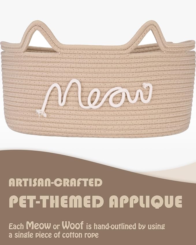 Sea Team Cat Toy Storage Basket with Handles and Ears, Beige Meow | Large Cotton Rope Storage Bin, Shelf Basket, Organizer for Pet Chew Toys, Foods, 16.5 x 11 x 7 Inches, 4.4 Gallons