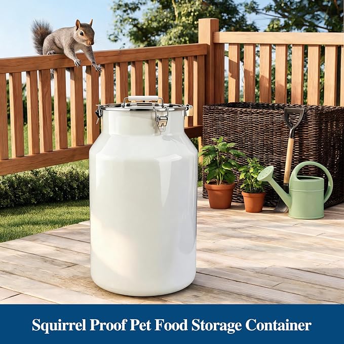 25 Lbs Stainless Steel Dog Food Storage Container with Scoop, Large Metal Dog Food Bin with Airtight Lid & Locking Clamp, Pet Treat Jars for Dogs & Cats, Keep Fresh, White