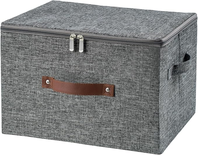 Storage Bins with Zipper Lid Decorative Lidded Storage Boxes | Collapsible Cotton Linen Fabric Storage Baskets, PU Leather Handle, Stackable Shelves Closet Organizer Container(Gray, Large)