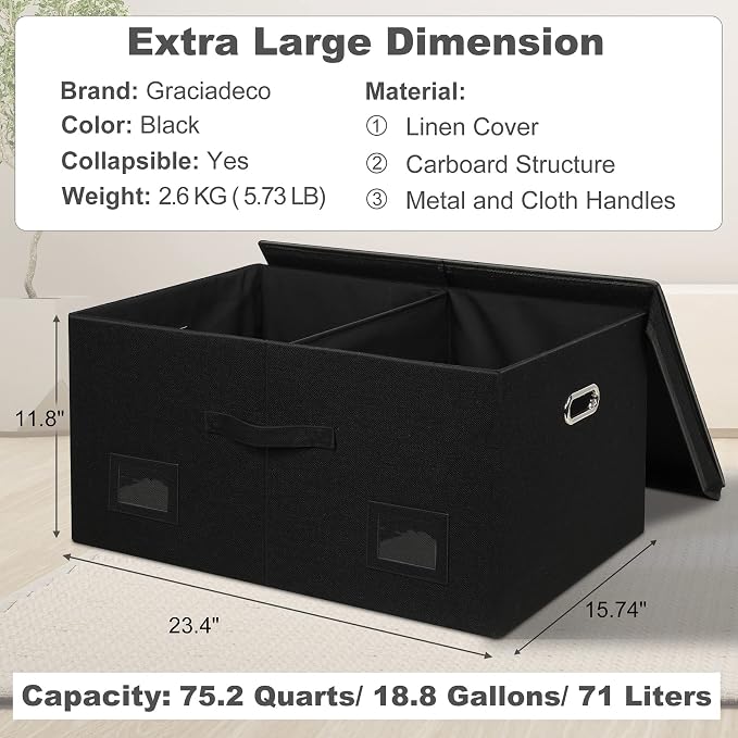 Graciadeco 75 Quarts Extra Large Decorative Storage Bins with Lids, 3 Packs Black Collapsible Storage Bins with Lids, Stackable Storage Bins Decorative Box Storage With Lid Extra Large | 75 Quarts 3 Pack Black Collapsible Stackable Linen Fabric 4 Handl...