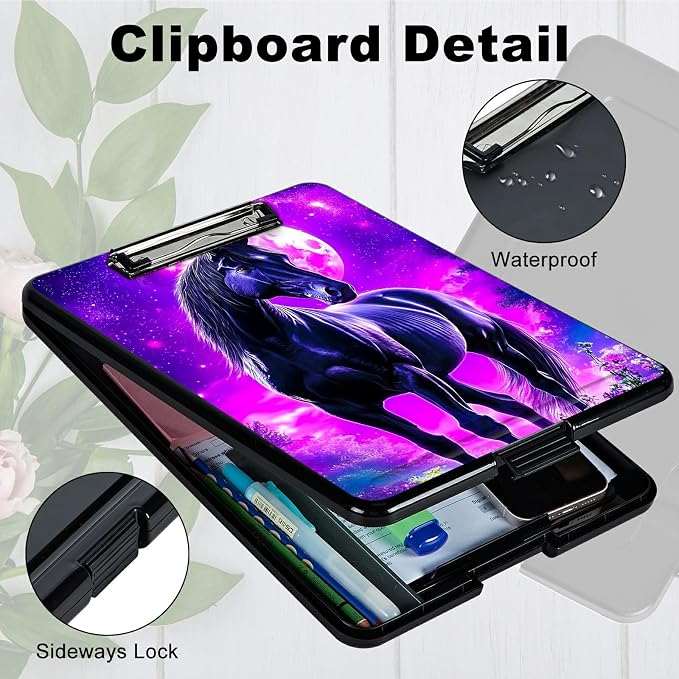 Heavy Duty Storage Clipboard, Slim Nursing Clipboard with Internal Pen Case, Portable File Organizer Case for A4 Letter Size Paper Office Medical Professionals, Purple Black Horse