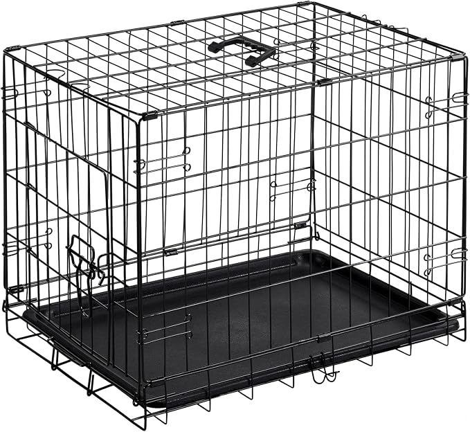 DUMOS 24 Inch Dog Crate, Foldable Puppy Small Dog Cage Pet Kennel | Single Door Metal Wire, Plastic Leak-Proof Pan Tray, Portable Indoor Outdoor Training Travel