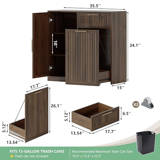 Single 13 Gallon Pull Out Trash Can Cabinet with Storage Cabinet,Walnut | Pet Proof Hidden Garbage Can Cabinet,3-Tier Shelves,Fluted Design,Extra Drawer Space,Kitchen & Dining Room Organization