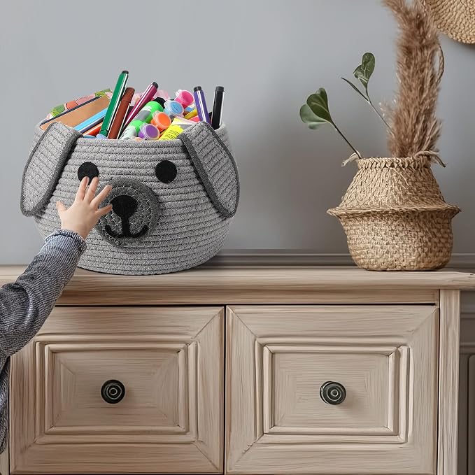 Zopeal Woven Dog Basket with Handle Toy Storage, Gray, 13 x 8 Inch | Pet Gift Basket, Toys Storage Organizer, Cotton Rope Rectangular Bin, Keeps Puppy Items Organized, Sturdy Handles