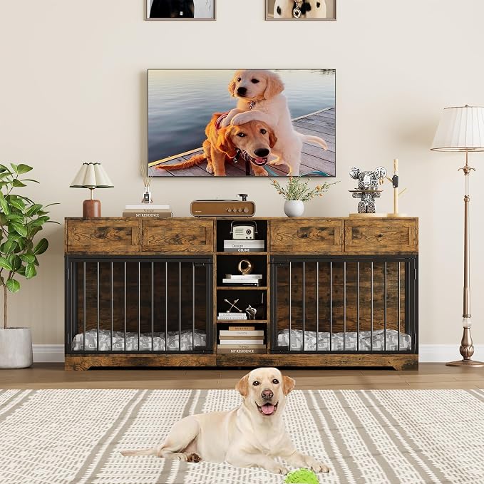 Dog Crate Furniture for 2 Dogs, Double Dog Crate TV Stand, Brown | 82" Large Dog Kennel Indoor with 4 Storage Drawers and 4 Shelves, Suitable for Small, Medium and Large Dogs