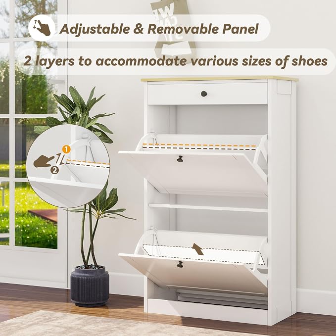 Shoe Storage Entryway with 2 Flip Drawers, Narrow Wooden Shoe Cabinet | Pet-Proof Hidden Shoe Organizer, Narrow Shoe Rack, Adjustable Dividers, Hold 8-10 Pairs, for Entryway Living Room