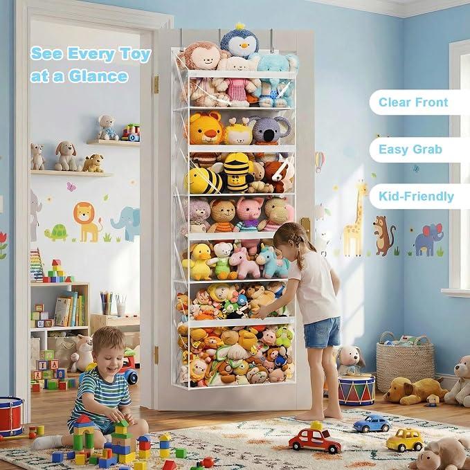 Heavy Duty Stuffed Animal Storage, 4-Tier Clear Extra Large Over The Door Organizer for Stuffies, Baby Ideas Holder, Toy Plush Hanging Organizer Big Girls Toddler Bag Animals Stuffy, White