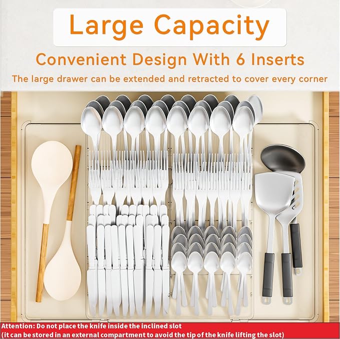 Large Expandable Silverware Organizer - Adjustable From 11'' to 21.3'' - Spatula,Gadget,Knife,Cutlery,Spoons and Forks Organizer,Clear Flatware,Silverware Tray,Utensil Organizer for Kitchen Drawers