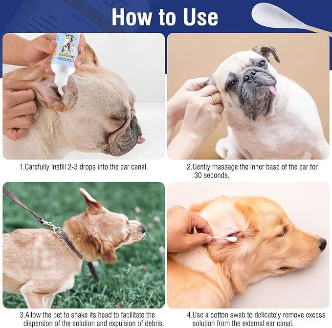 Ear Cleaner for Dogs and Cats 4 oz, Gentle and Non Irritating Dogs Ear Infection Treatment, Itch Relief Pet Ear Drops,Dog Ear Wash Removes Wax, Odor with 10 Cotton Swabs