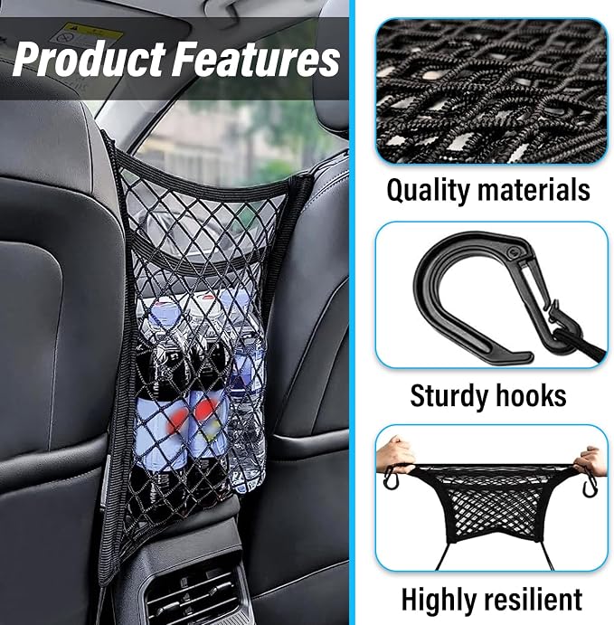 Kewucn 3 Layers Car Mesh Organizer, Four-Side Elasticity Auto Seat Back Net Bag Between Front Seats, Car Net Barrier of Backseat Pet Kids, Tissue Purse Holder, Storage Netting Pouch