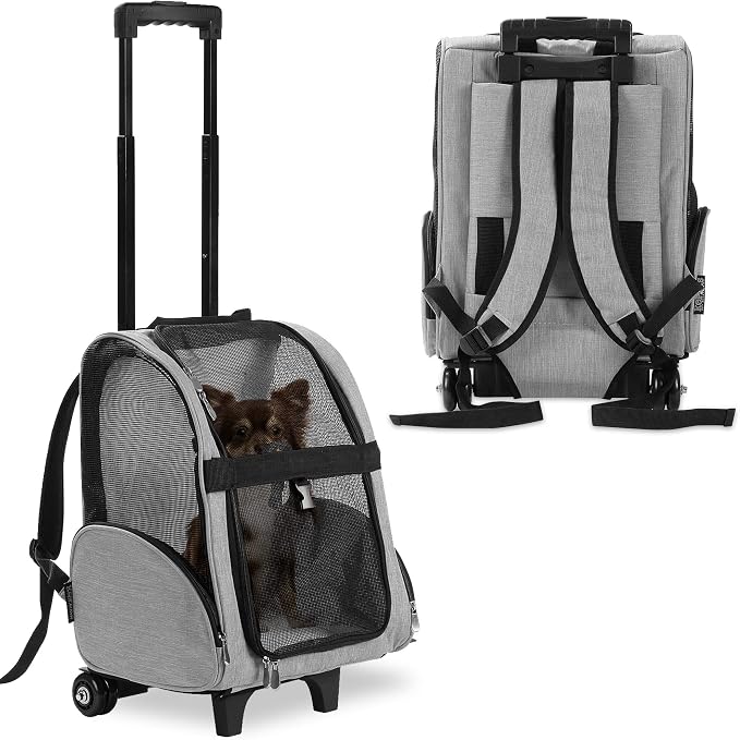 Deluxe Backpack Pet Travel Carrier with Double Wheels for Pets up to 10 Pounds - Black - Approved by Most Airlines