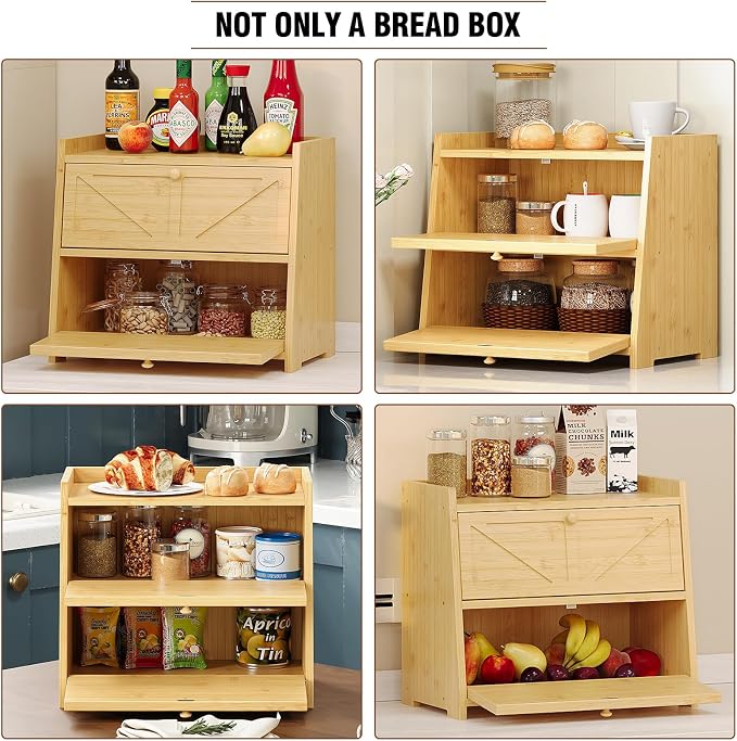 Trironsun Vintage Double Layer Bread Box for Kitchen Counter Bamboo Bread Storage Container Large Capacity Bread Storage Bin (Natural Bamboo)