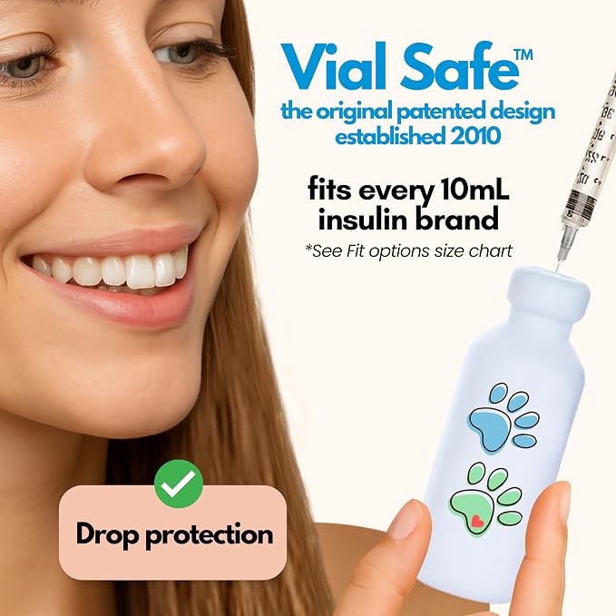 VIAL SAFE Silicone Insulin Vial Protector Case Cover 2-Pack Paw Prints