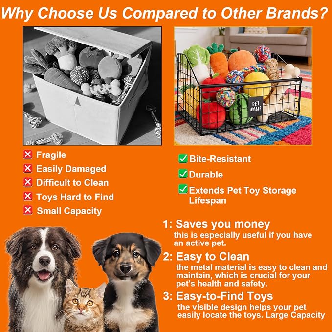 Penitue Indestructible Dog Toy Basket, 42.5x28x21.5cm/16.7x11x8.5in Metal Storage Bin for Chew Toys Bones and Treats Durable Toy Organizer Pet Toys Box for Living Room Area (Black)