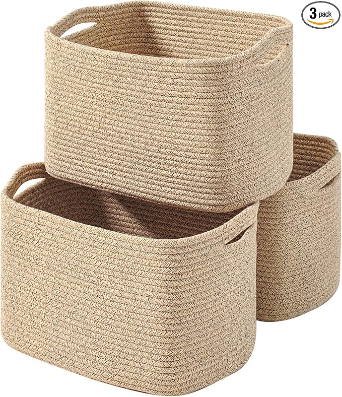 ICERZCZ Decorative Storage Baskets for Organizing Shelves, Toy Basket for Nursery, Woven Cotton Rope Baskets for Decor, Towel Basket for Bathroom, 15"x11"x9.5", 3 Packs, Brown